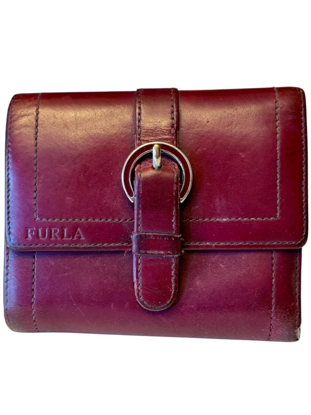 Furla Bifold Wallet Burgundy Wine Leather Snap Closure Tab Zip Coin Compartment